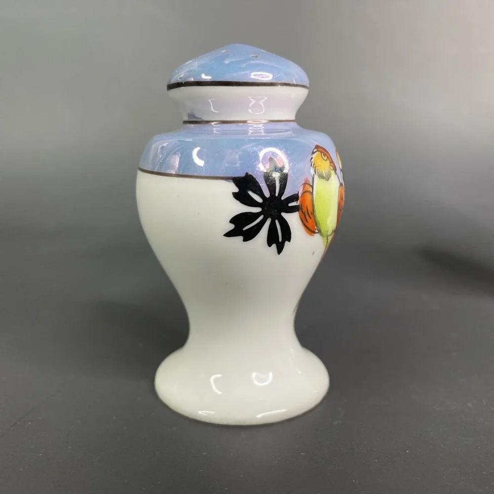 Vintage Lustreware Salt & Pepper Shaker Set Japan Porcelain Hand Painted Parrots